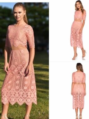 For Love & Lemons Pink Floral Lace Two-Piece Midi Dress